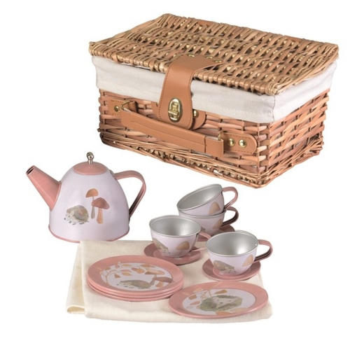 Tin Tea Set in a Wicker Basket [Type: Hedgehog]